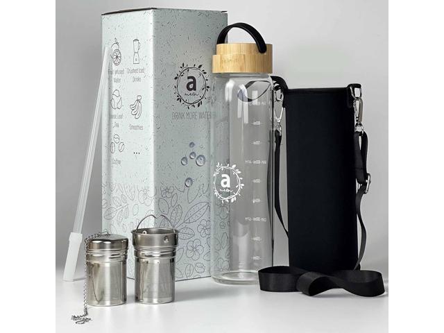 32oz Borosilicate Glass Water Bottle with Bamboo Lid and 2 Tea Infuser Sets for Fruit Infused Water and Cold Brew Coffee - Glass Tea Infuser Bottle...