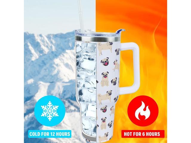 40 oz Cute Pug Tumbler with Handle and Straw, Stainless Steel Insulated Cup with Lid and Straw, Travel Mug Water Bottle, Gifts for Women