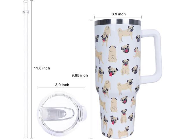40 oz Cute Pug Tumbler with Handle and Straw, Stainless Steel Insulated Cup with Lid and Straw, Travel Mug Water Bottle, Gifts for Women