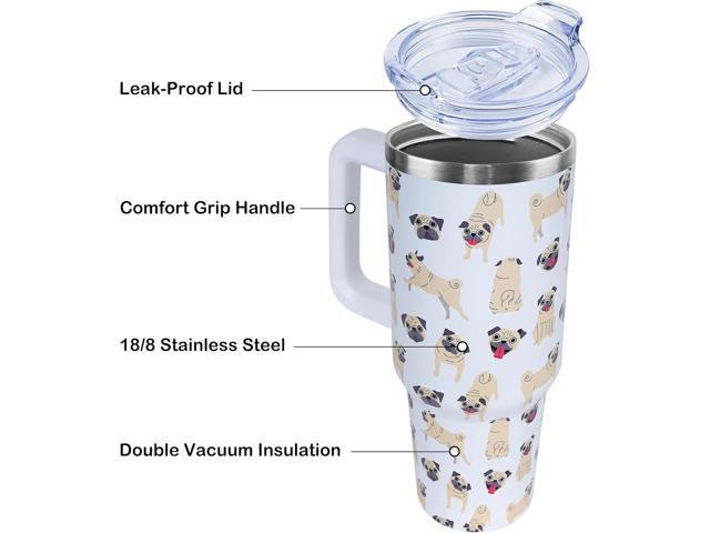 40 oz Cute Pug Tumbler with Handle and Straw, Stainless Steel Insulated Cup with Lid and Straw, Travel Mug Water Bottle, Gifts for Women