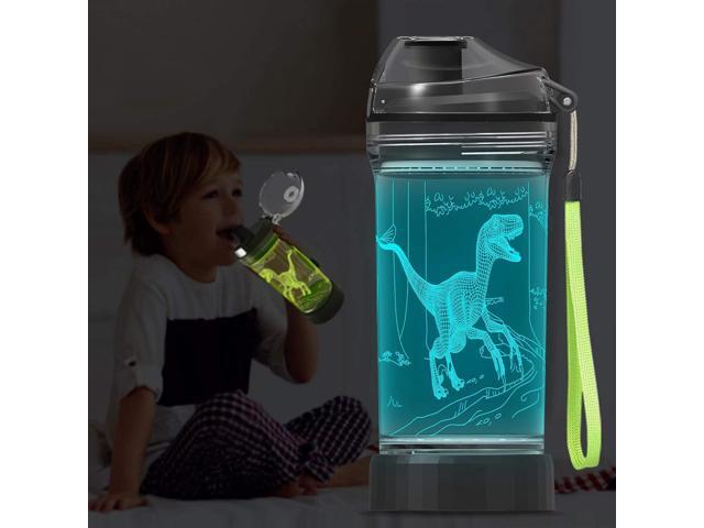 Light Up Dinosaur Water Bottle with Color Changing Night Light- 14 OZ Tritan BPA Free - Cute Velociraptor Kids Drinking Cups Gift for School Boy...