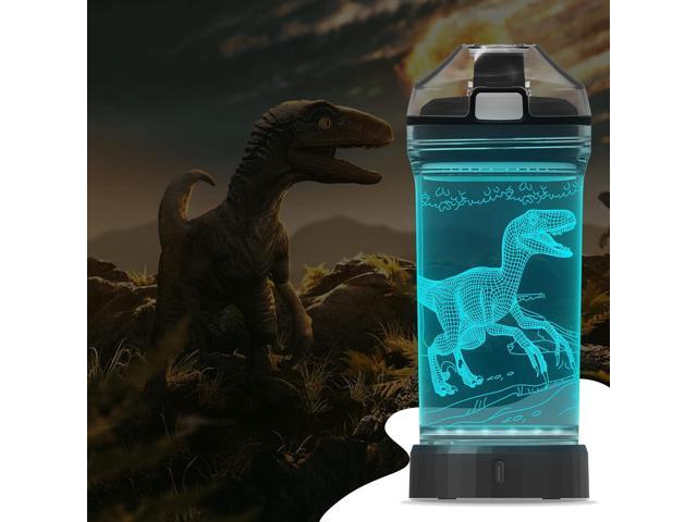 Light Up Dinosaur Water Bottle with Color Changing Night Light- 14 OZ Tritan BPA Free - Cute Velociraptor Kids Drinking Cups Gift for School Boy...