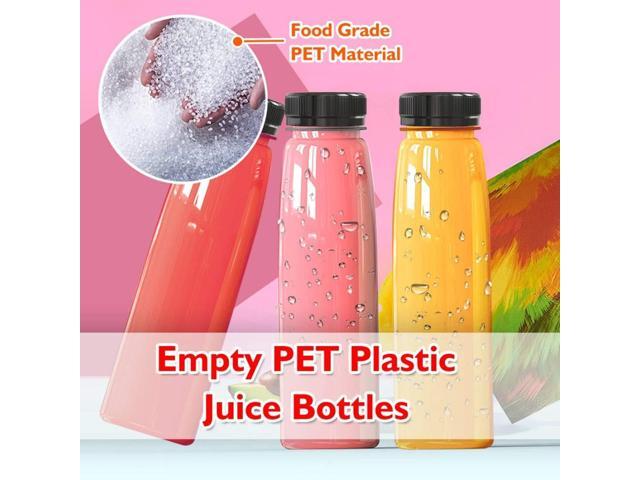 Holotap 30 Pack Empty PET Plastic Juice Bottles 14 OZ Clear Disposable Bulk Drink Bottles with Black Tamper Evident Caps Lids (14 OZ, Black)
