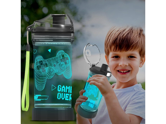 Ammonite Gamepad Kids Water Bottle,14 oz Water Bottles with 3D Glowing LED Light & 7 Colors Change, BPA Free Reusable Water Cup with Lanyard, Easy...