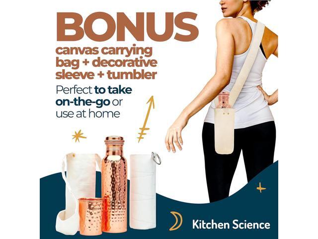 Authentic Ayurvedic Copper Water Bottle (34oz/1000 ml) w/Copper Tumbler for Drinking Water, Carrying Bag & Deco Sleeve Lab-Tested, Leak-Proof