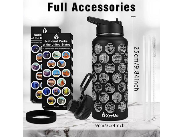 National Parks Water Bottle with Stickers,32 oz Stainless Steel Insulated Water Bottle with Straw,2 Lids,Leak Proof Metal Water Cup for...