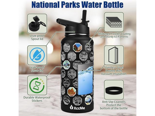National Parks Water Bottle with Stickers,32 oz Stainless Steel Insulated Water Bottle with Straw,2 Lids,Leak Proof Metal Water Cup for...