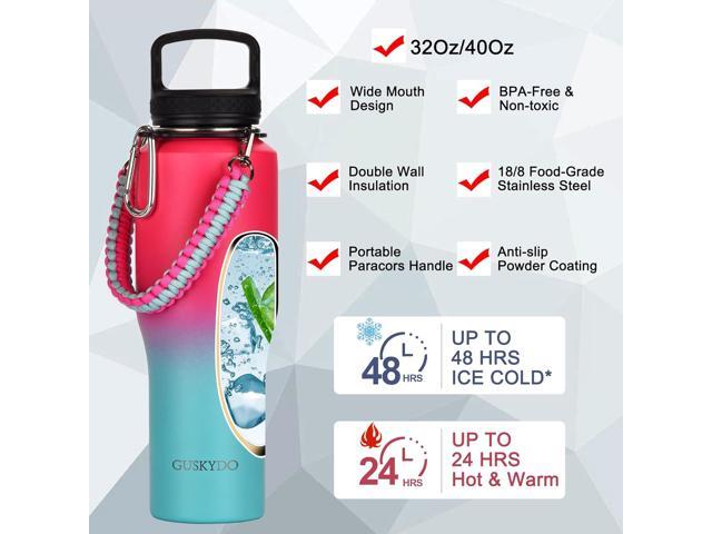 32 oz Insulated Water Bottle with Paracord Handles &Strap, Double Wall Metal Stainless Steel Tumbler Travel Flask with Straw Lid and Spout Lid,...