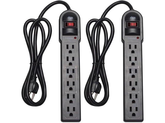 KMC 6-Outlet Surge Protector Power Strip 2-Pack, 900 Joules, 4-Foot Extension Cord, Overload Protection, Black