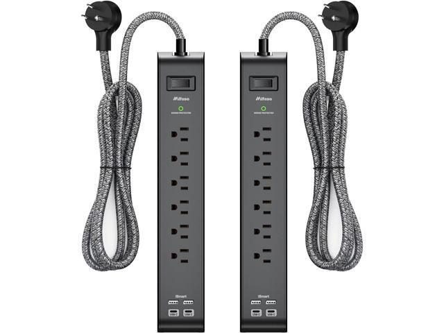 2 Pack Surge Protector Power Strip with 6 Outlets 4 USB Ports 5-Foot Long Heavy-Duty Braided Extension Cords Flat Plug 900 Joules 15A Circuit.