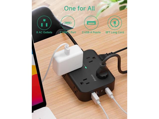 Power Strip Surge Protector - Flat Plug, Wall Mount, 8 Wide Outlets with 4 USB Ports (2 USB C), 5FT Heavy Duty Extension Cord with Multiple...