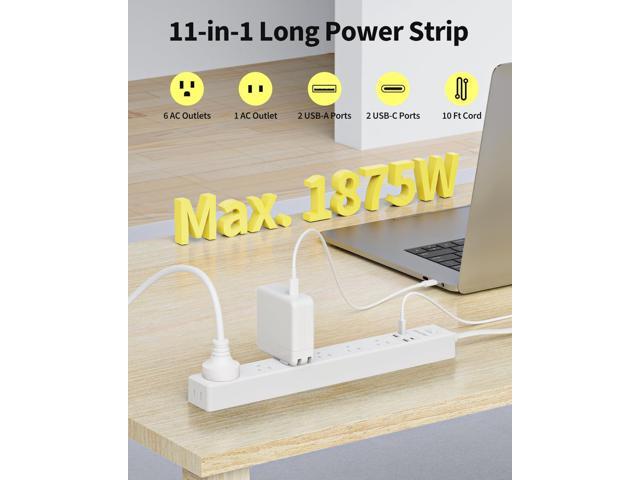 10 Ft Power Strip Surge Protector - 7 Outlets 4 USB Ports (2 USB C), Ultra Thin Flat Extension Cord & Flat Plug, 1700 Joules, Wall Mount, Desk...