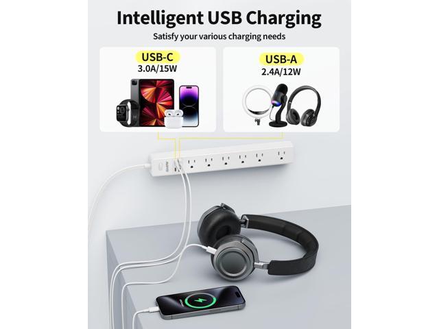 10 Ft Power Strip Surge Protector - 7 Outlets 4 USB Ports (2 USB C), Ultra Thin Flat Extension Cord & Flat Plug, 1700 Joules, Wall Mount, Desk...