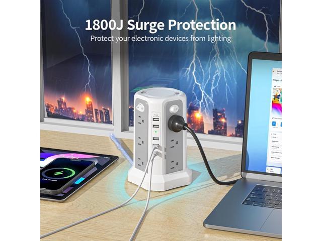 Surge Protector Power Strip Tower with USB C Port(PD18W),10FT Extension Cord with 12 AC Outlets 5 USB Charging Ports, PASSUS Power Tower Surge...