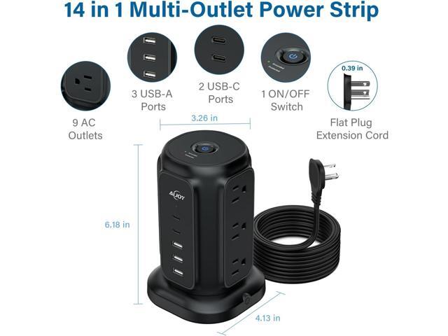 Flat Plug Power Strip Tower with 9 Outlets and 5 USB Ports (2 USB C), AiJoy Surge Protector with 6.5 Feet 1625W/13A Extension Cord, 1200J Surge...