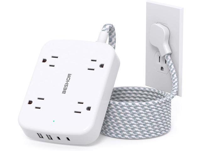 Surge Protector Power Strip with 2 USB C - BESHON 5 Ft Flat Extension Cord Flat Plug Power Strip, 4 Widely Outlets and 4 USB Charging Ports, Outlet...