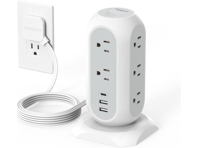 Tower Power Strip Flat Plug with 11 Outlets 3 USB (1 USB C), TESSAN Surge Protector Tower 1625W/13A,1050J Protection, 6 Feet Extension Cord with...