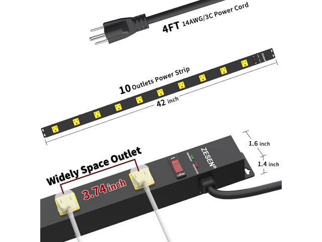 10 Outlet Long Power Strip, Wide Spaced Outlet Power Bar, Heavy Duty Metal Power Strip with 4FT Cord for Work Bench, Garage, Shop, Overload...