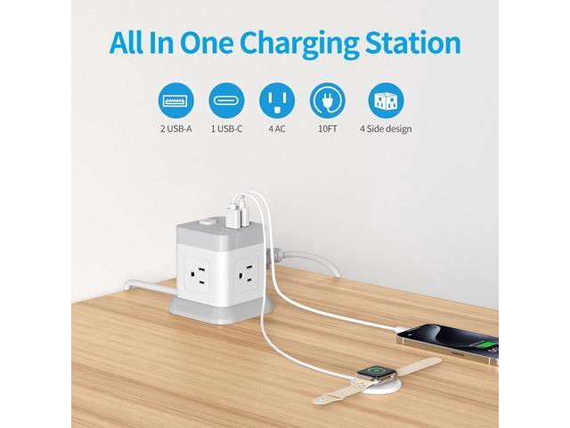 Power Strip with USB C, FDTEK Desktop Power Cube Strip, 10 FT Extension Cord with 4 Outlets and 3 USB, Compact Power Strips Tower for Travel Home...