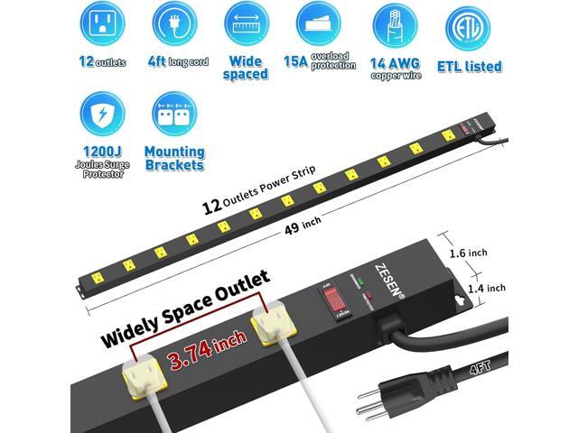 12 Outlet Long Power Strips Heavy Duty Garage Workshop Multi Wide Industrial Power Strip Surge Protector with 4ft Cord, ETL Certified, 1875W, Black