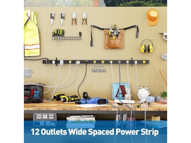 12 Outlet Long Power Strips Heavy Duty Garage Workshop Multi Wide Industrial Power Strip Surge Protector with 4ft Cord, ETL Certified, 1875W, Black