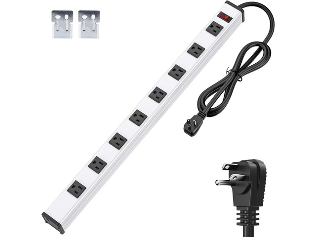 8-Outlet Long Metal Heavy Duty Power Strip - 6FT Cord, 15A/1875W, Wide Spaced Outlets, Mountable for Home, Office, Garage, and Workshop