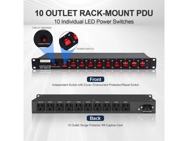 10-Outlet 1U Horizontal PDU Rack Mount Power Strip - Overload Protector,100-240V/15A/1800 Joules,for Network Servers,Power Conditioner with 10...