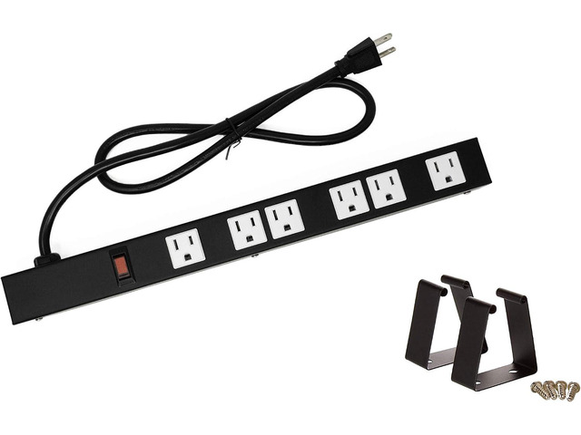 OT16063 Heavy Duty Metal Surge Protector Power Strip with Mounting Parts 6 White Outlets 3 Feet Power Cord