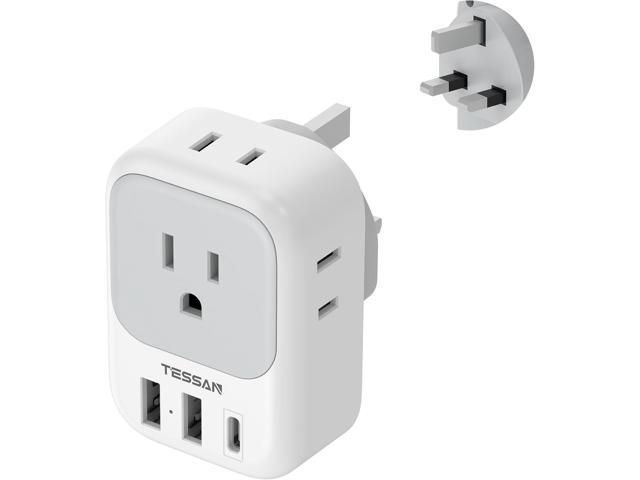 US to UK Plug Adapter, TESSAN Type G Travel Converter with 3 USB Charger(1 USB C Port), 4 Outlets Power Adaptor for USA to Qatar Ireland Hong Kong...