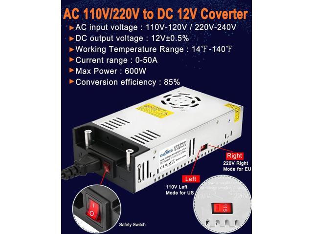 AC to DC Converter 12V Power Supply,Universal SMPS 120V AC to 12V 50A 600W DC Converter Power Supply Transformer Driver Adapter for RV,Pump,LED...