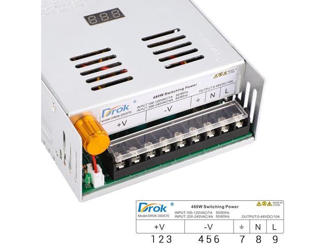 DROK 48V Power Supply, AC 110V/220V to DC 0-48V 10A 480W Buck Converter, Adjustable Variable LED Adapter Regulated 5V 12V 24V 30V 36V 48V Volt...