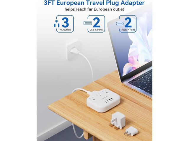 European Travel Plug Adapter, US to European Plug Adapter with 3 American Outlets & 4 USB, 3ft European Power Cord, International Travel Power...