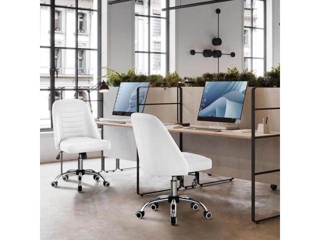 Yaheetech Mid Back PU Leather Armless Desk Office Chair, Modern Vanity Chair with Rolling Wheels, Metal Base White