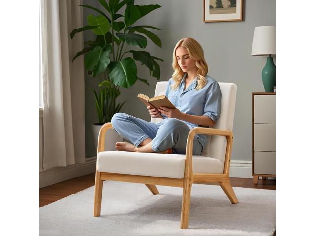 ELUCHANG Mid-Century Modern Accent Chair with Lumbar Pillow,Upholstered Armchair,Linen Fabric Comfy Reading Chair, Lounge Side Chair for Living...