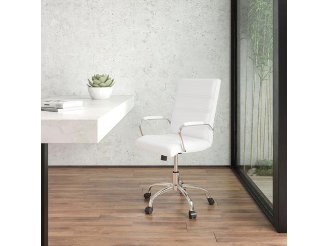 Flash Furniture Whitney Mid-Back Swivel LeatherSoft Desk Chair with Padded Seat and Armrests, Adjustable Height Padded Office Chair, White/Chrome