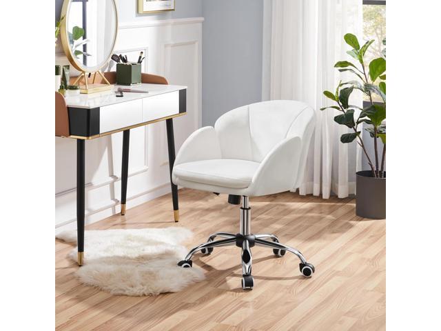 Yaheetech White Desk Chair Vanity Chair with Back Modern Faux Leather Swivel Rolling Office Computer Armchair for Living Room, Bedroom