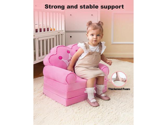 MOONBEEKI Kids Couch Fold Out, Foldable Princess Chair for Toddlers 1-3, Sofa Bed for Kids Folding Toddler Bed Lounger Chair for Bedroom Pink