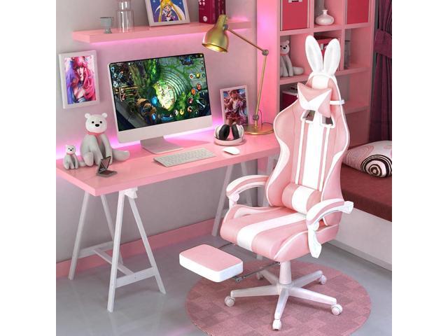 Ferghana Kawaii Pink Gaming Chair with Bunny Ears, Ergonomic Cute Gamer Chair with Footrest and Massage, Racing Reclining Leather Office Computer...