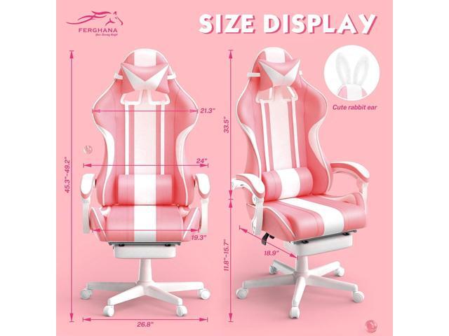 Ferghana Kawaii Pink Gaming Chair with Bunny Ears, Ergonomic Cute Gamer Chair with Footrest and Massage, Racing Reclining Leather Office Computer...