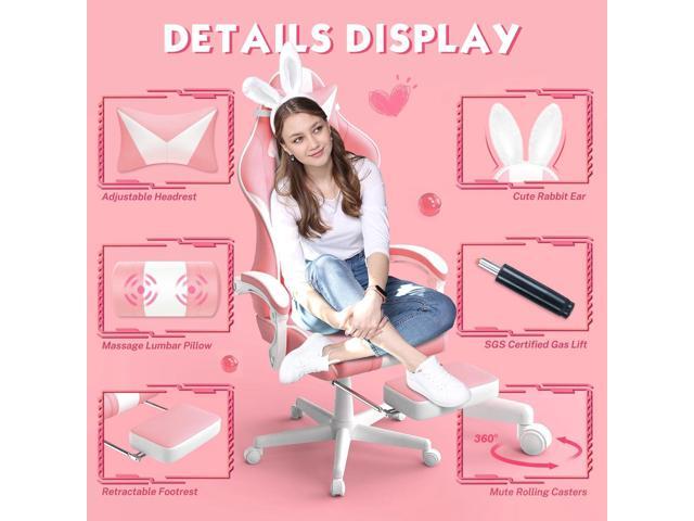 Ferghana Kawaii Pink Gaming Chair with Bunny Ears, Ergonomic Cute Gamer Chair with Footrest and Massage, Racing Reclining Leather Office Computer...