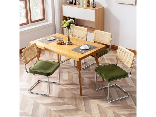 Zesthouse Natural Rattan Dining Chairs Set of 2, Olive Green Modern Kitchen Chairs with Solid Wood Back & Chrome Base, Mid Century Breuer Design...
