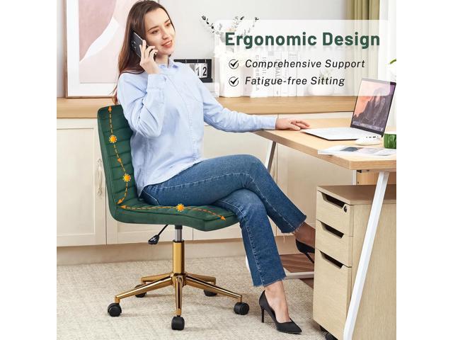 Furniliving Armless Vanity Chair with Wheels, Computer Rolling Desk Chair with Back Soft Velvet Fabic Height Adjustable Gold Metal Base Swivel...
