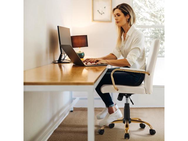 Topeakmart Office Desk Chair Mid-Back Adjustable PU Leather Executive Chair w/Gold Frame White Seat