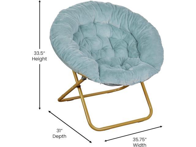 EMMA + OLIVER Ersa Folding Saucer Chair - Dusty Aqua Faux Fur Cushion - 38' Oversized Design - Metal Frame in Soft Gold - No Assembly - Holds 300...