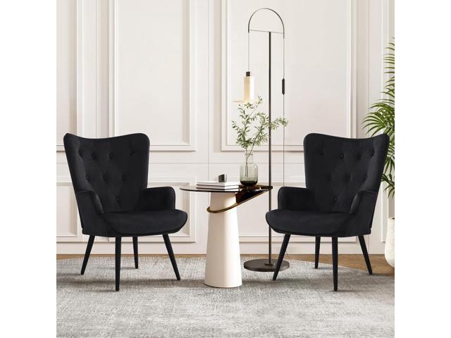 Furnimart Black Velvet Accent Chair Mid Century Modern Living Room Chairs; Comfy Armchair Leisure Vanity Guest Wingback Chair for Office Study...