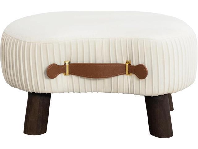 LUE BONA Small Curved Foot Stool with Handle, Beige Velvet Footstool and Ottomans, Modern Foot Rest with Wooden Legs, Step Stool with Padded Seat...