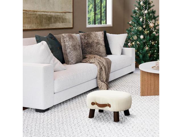 LUE BONA Small Curved Foot Stool with Handle, Beige Velvet Footstool and Ottomans, Modern Foot Rest with Wooden Legs, Step Stool with Padded Seat...