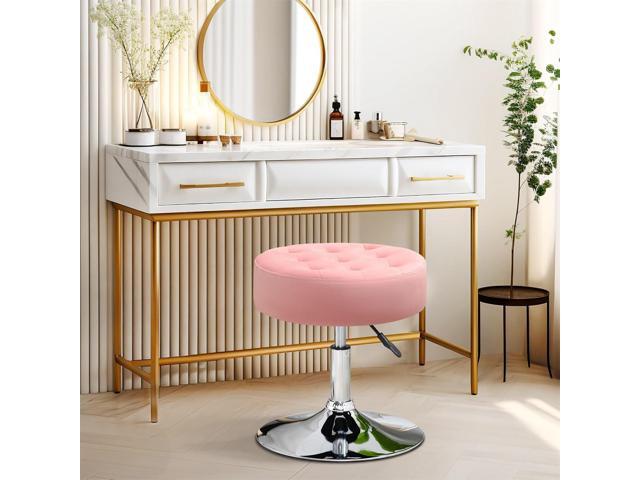 Furnimart Pink Round Velvet Vanity Ottoman Stool, Contemporary Makeup Modern Accent Stool for Bedroom Living Room Entryway