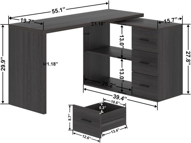 HSH L Shaped Desk with Drawers, Shape Computer Storage Cabinet Shelves, Reversible Modern Industrial Home Office Corner Desk, Rustic Wood Executive...