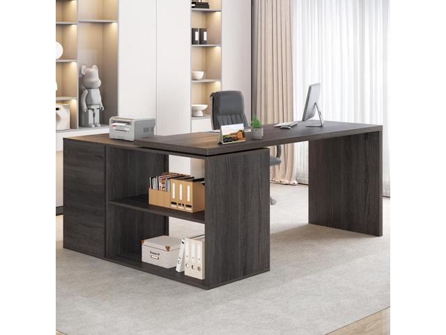 HSH L Shaped Desk with Drawers, Shape Computer Storage Cabinet Shelves, Reversible Modern Industrial Home Office Corner Desk, Rustic Wood Executive...